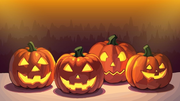Halloween Dyni Przerażające Tapety Z Kreskówką świecący Jackolantern I Las W Tle