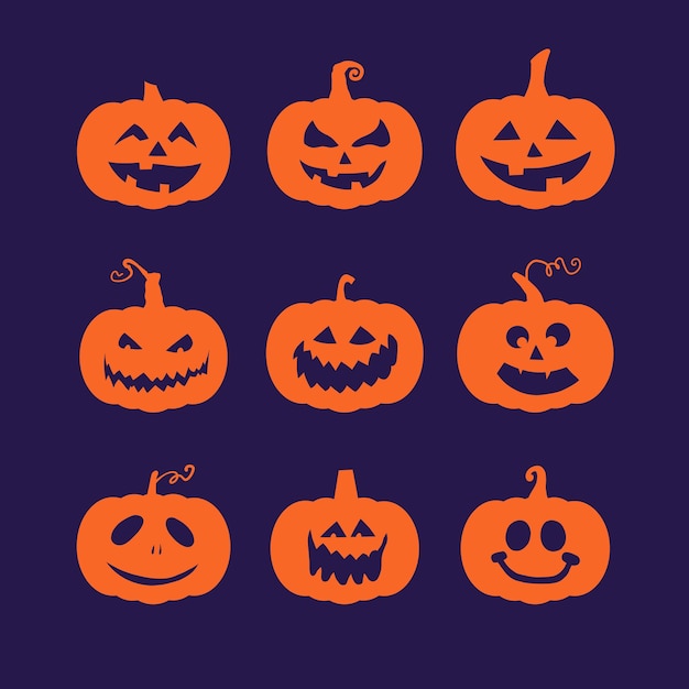 Halloween Dynie Sylwetka Z Różnymi Twarzami I Uśmiechami, Element Projektu Dla Koncepcji Halloween.