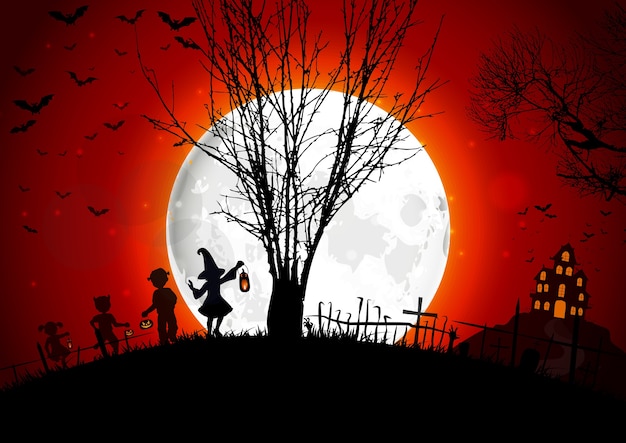 Halloween Grób Na Tle Pełni Księżyca Z Małą Dziewczynką
