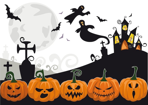 Halloween kilka dyni z przerażającymi twarzami W tle nawiedzony dom i duchy