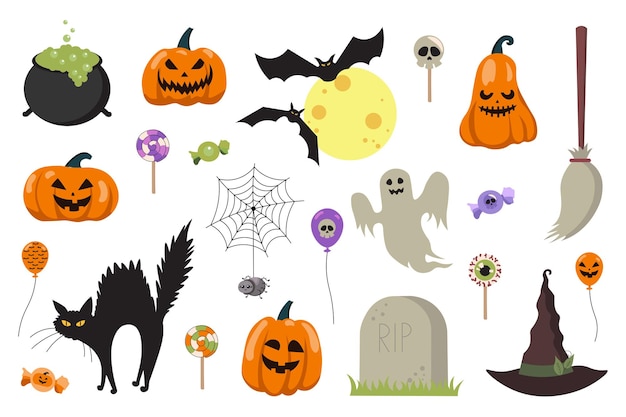 Halloween mega zestaw elementów w płaskiej konstrukcji Pakiet czarownic kocioł złych dyni nietoperzy przez księżyc miotła cukierki pająk w sieci web duch czarny kot inny ilustracja wektorowa izolowane obiekty graficzne