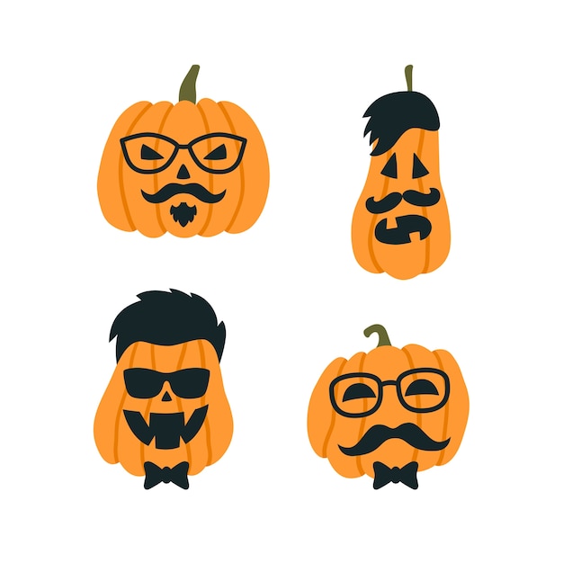 Halloween Pumpkins Na Obrazie Hipster W Okularach I Wąsach.