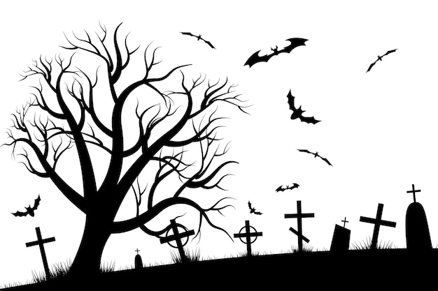 Halloween straszny cmentarz tło z drzew krzyże i nietoperze Halloween sylwetka nagrobek Drukowane etykiety i dekoracje dla szablonu rzemiosła biurowego Ilustracja wektorowa
