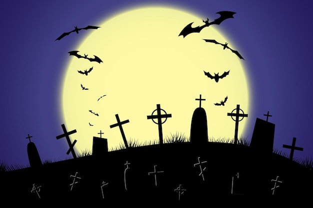Halloween straszny cmentarz tło z drzew, krzyże i nietoperze. Halloween. Sylwetka nagrobka. Drukowane etykiety i dekoracje do biura, rękodzieła, szablonu. Ilustracja wektorowa