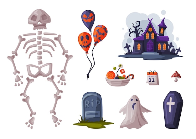 Plik wektorowy halloween symbols collection holiday party design elements skeleton balloon coffin gravestone castle cartoon style ilustracja wektorowa