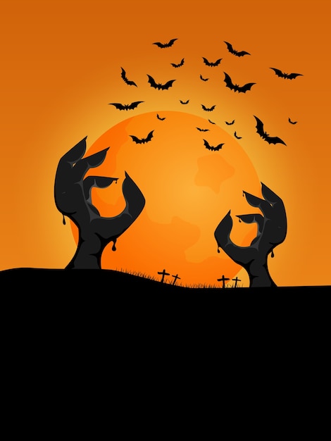 Halloween W Tle Zombie Ręce Wznoszące Się Z Ziemi Na Cmentarzu