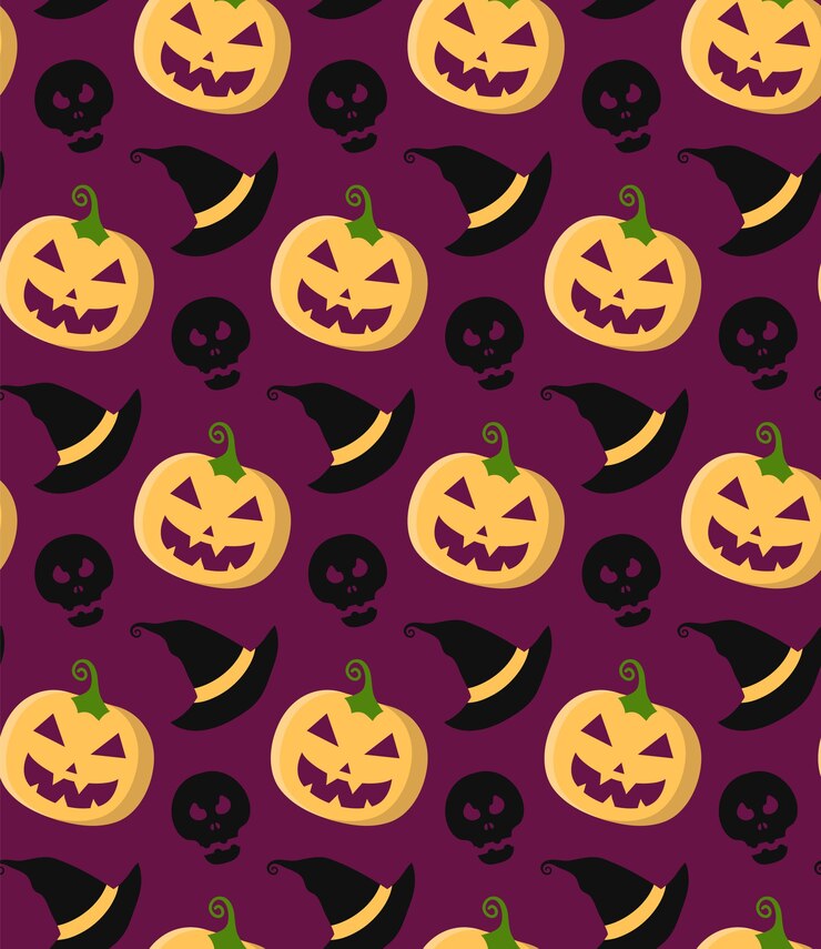Wektor halloween wektor wzór z dyni, czaszki, kapelusz czarownicy w modnym stylu płaski.