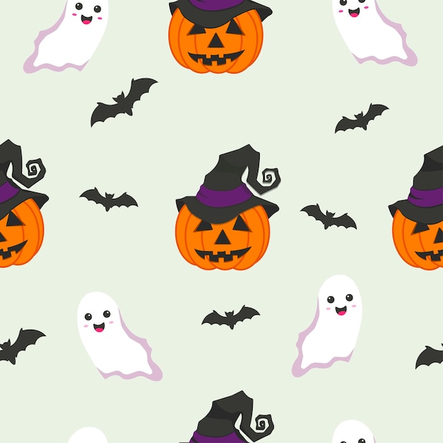 Halloween wzór z dyni w kapelusz czarownicy, duchy i nietoperze na beżowym tle. Ilustracja