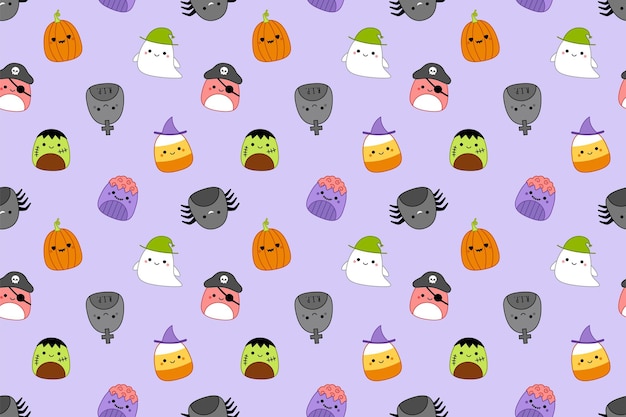 Plik wektorowy halloween wzór z squishmallow grób duch pirata zombie cukierki kukurydzy pająk kawaii wektor