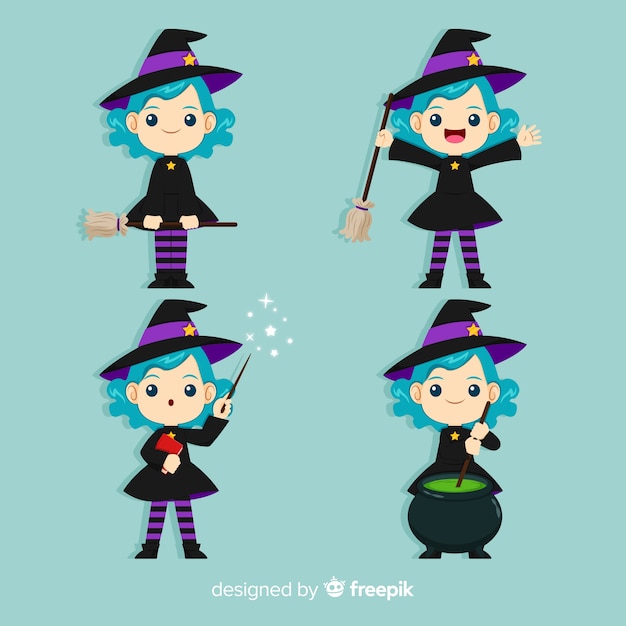 Halloweenowa czarownica charakter kolekcja z płaskim projektem