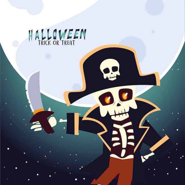 Halloweenowa Czaszka Pirata Kreskówka W Nocy Projekt, Wakacje I Straszna Ilustracja Tematu