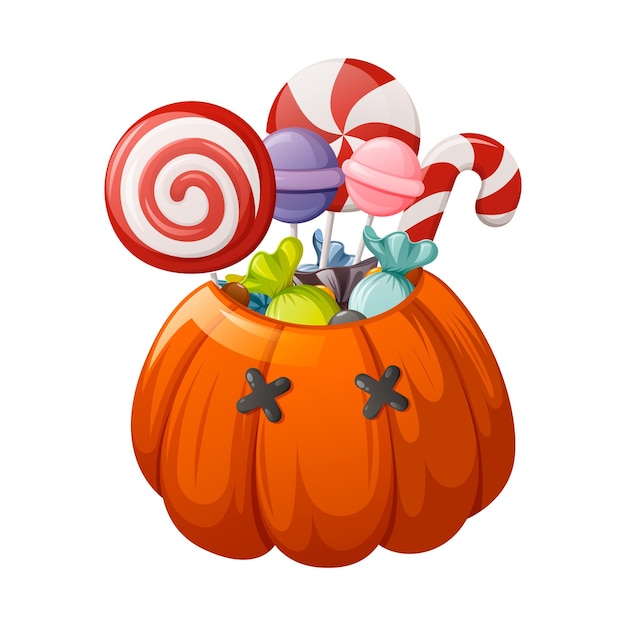 Plik wektorowy halloweenowa dynia ze słodkim poczęstunkiem dla dzieci. ilustracja kreskówka wektor.