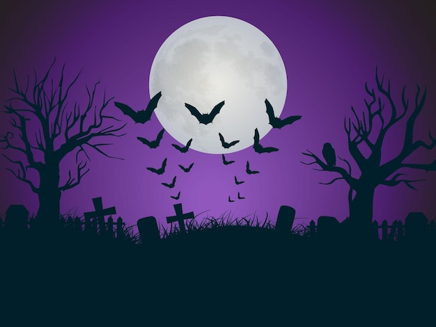 Halloweenowa ilustracja z ciemną nocą, martwymi drzewami i wektorem nietoperzy