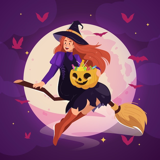 Halloweenowa ilustracja z latającą piękną czarownicą