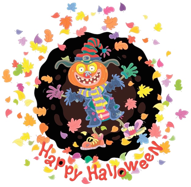 Halloweenowa Kartka Z Zabawnym Strachem Na Wróble Z Dynią Miała Wśród Latających Jesiennych Liści W Ciemną Noc