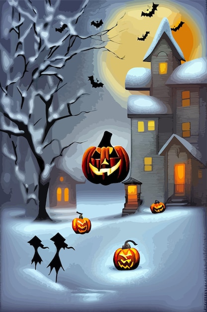 Halloweenowa latarnia z dyni na śniegu, pionowa ilustracja wektorowa. Pomarańczowe dynie w ogrodzie