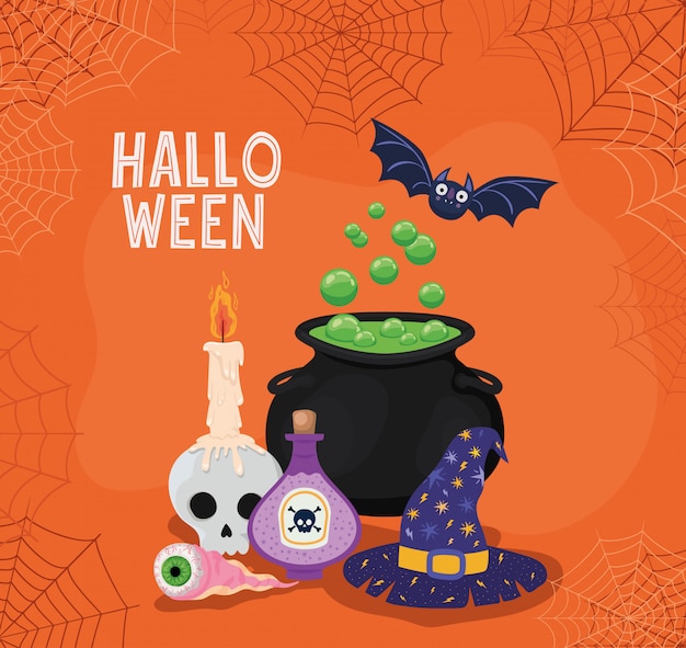 Halloweenowa miska z trucizną i czapką z pajęczynami, motywem świątecznym i przerażającym