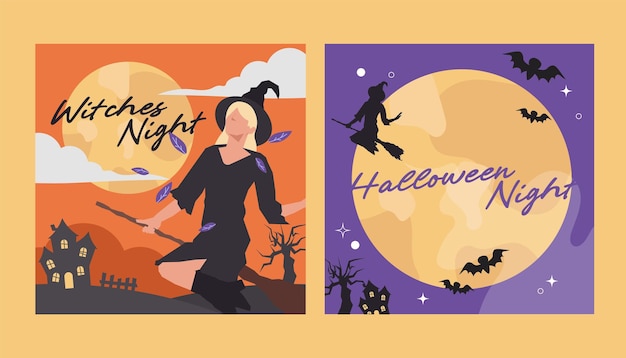 Halloweenowa Wiedźma Latająca Miotła Historia W Mediach Społecznościowych Na Płaskiej Ilustracji