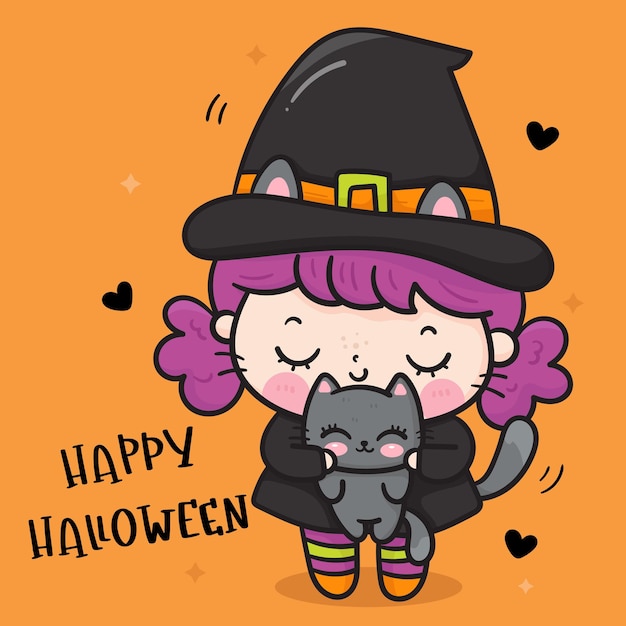 Halloweenowa Wiedźma Przytula Czarnego Kota Kawaii Kreskówka