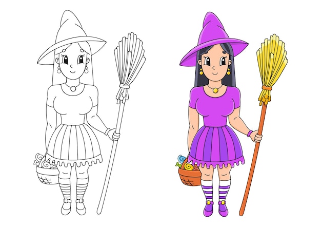 Halloweenowa Wiedźma W Kapeluszu Z Miotłą Kolorowanka Dla Dzieci