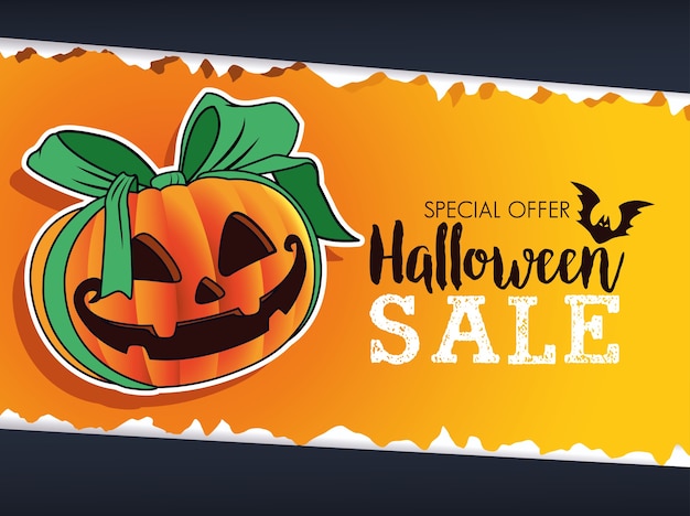 Halloweenowa wyprzedaż sezonowy plakat z dynią i wstążką