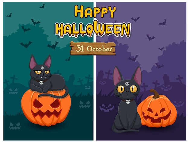 Halloweenowe Banery Z Dynią I Kotem. Koncepcja Kreskówka Halloween Tło W Nocy Lasu. Ilustracja Wektorowa Clipart