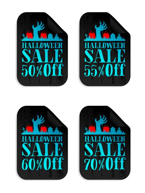 Plik wektorowy halloweenowe czarne naklejki wyprzedażowe z ręką zombie wyprzedaż na halloween 50 55 60 70 off