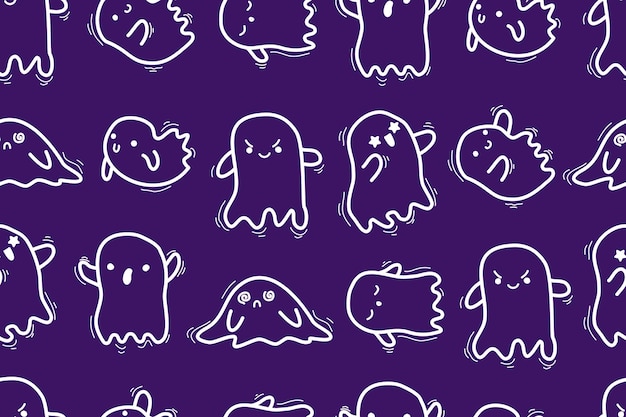 Halloweenowe Duchy Bezszwowe Wzór Doodle ładny Kawaii Duch Halloween Tło Wektor Płaski