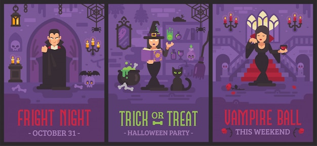 Plik wektorowy halloweenowe plakaty z wampirami i czarownicami