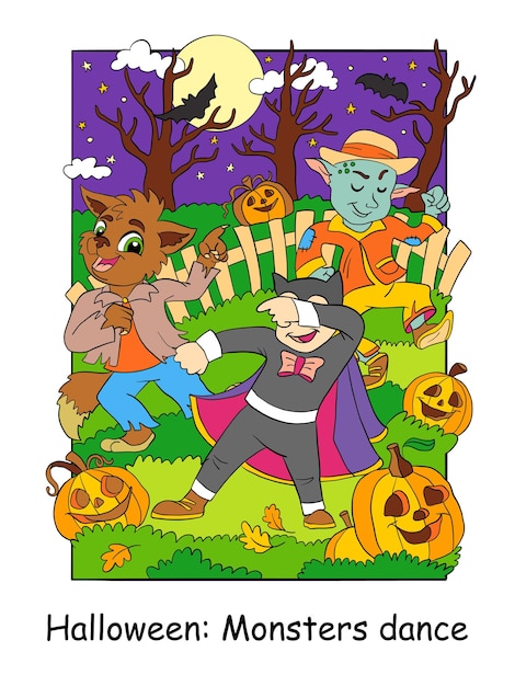 Halloweenowe Potwory Tańczące W Lesie Wektor Kolorowej Ilustracji