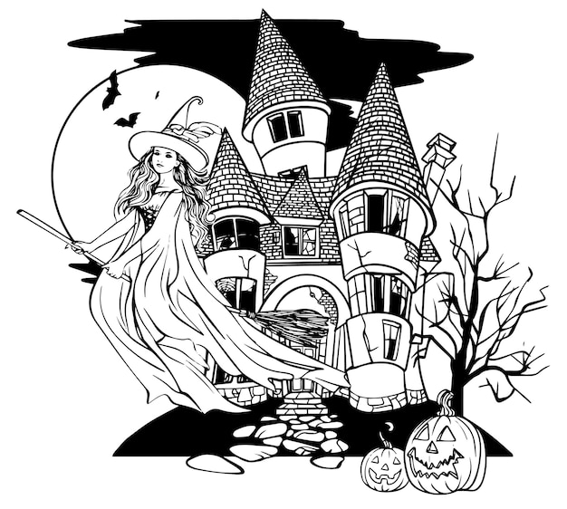 Halloweenowe Wiedźmy Na Miotle Przed Zamkiem Czarno-biała Ilustracja Wektorowa
