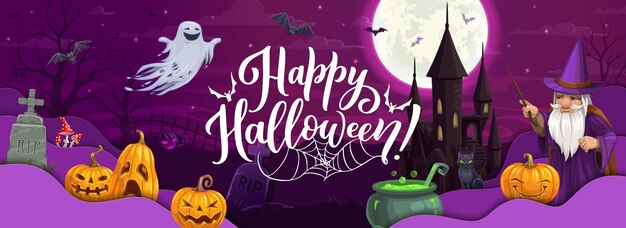 Halloweenowy baner wycinany z papieru Czarodziej z kreskówek zamek z dyni i krajobraz cmentarza o północy