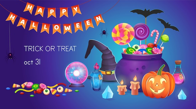 Halloweenowy baner z dyniami ze słodyczami, kapeluszem czarownicy, kociołkiem, miksturami, magiczną kulą, kryształami i świecami. Ilustracja kreskówka. Ikona gier i aplikacji mobilnej.