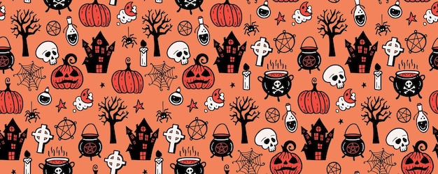 Halloweenowy Bezszwowy Deseniowy Tło Z Wakacyjnymi Symbolami