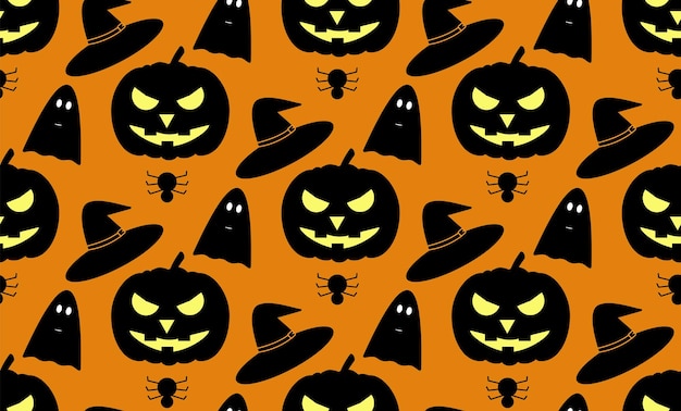 Halloweenowy Bezszwowy Wzór Z Czarnym Dyniowym Kapeluszem Czarownicy Duchem I Pająkiem Na Pomarańczowym Tle