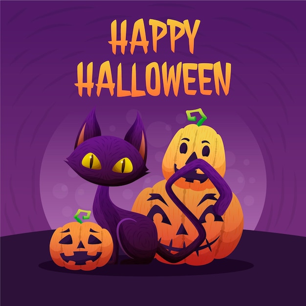 Plik wektorowy halloweenowy ładny kot dynia kreskówka gradientowa ilustracja tła