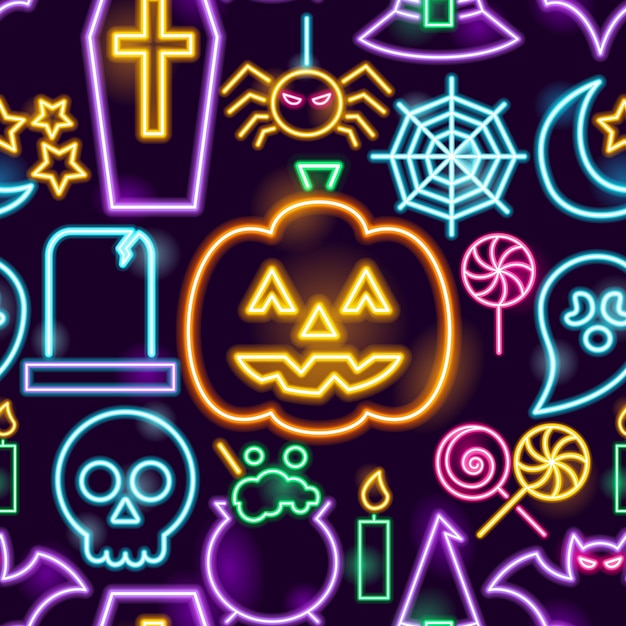 Halloweenowy Neonowy Wzór. Ilustracja Wektorowa Promocji Wakacje.