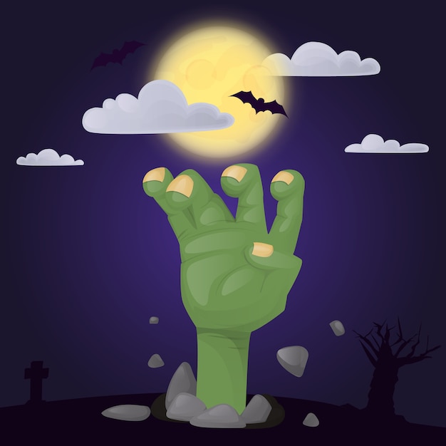 Halloweenowy Plakat Z Przerażającą Ręką Strasznego Zombie. Nocny Horror