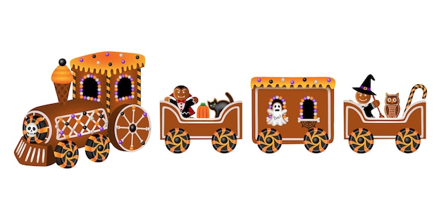 Plik wektorowy halloweenowy pociąg z piernika z cukierkami i ciasteczkami