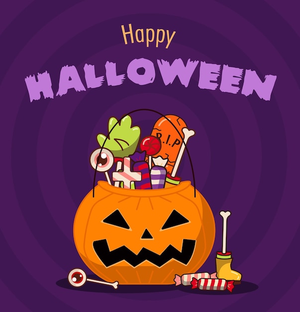 Halloweenowy Pojemnik Na Cukierki W Kształcie Dyni Pomarańczowa Dynia Z Wyciętymi Ustami I Oczami Wypełnionymi Cukierkami