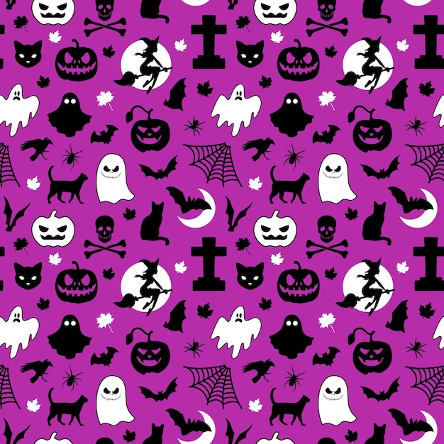 Halloweenowy wzór składający się z dyni, nietoperzy, kotów, duchów, liści klonu, czarownic i grobów