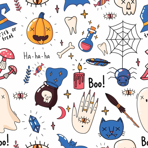 Halloweenowy Wzór Z Duchem, Czaszką, Dynią, Kotem. Oko I Nietoperz. Ilustracji Wektorowych.