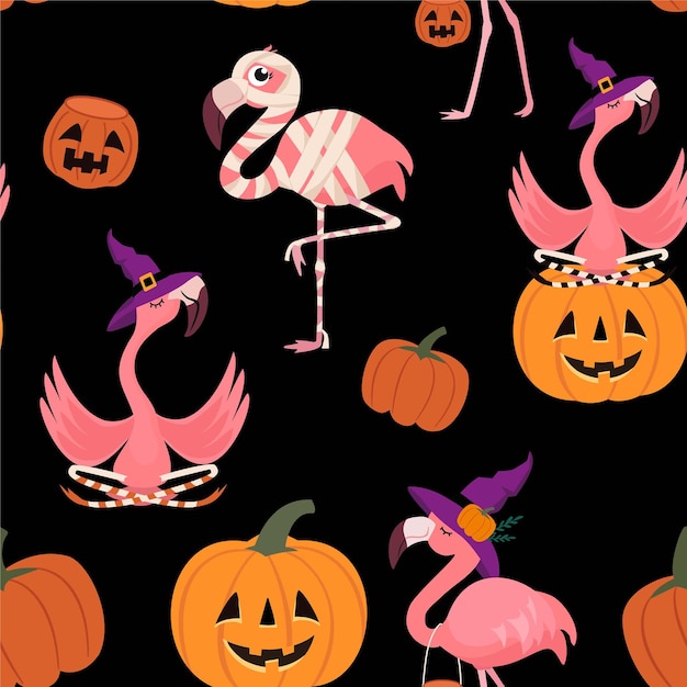 Plik wektorowy halloweenowy wzór z flamingiem i dyniami tekstura wektora