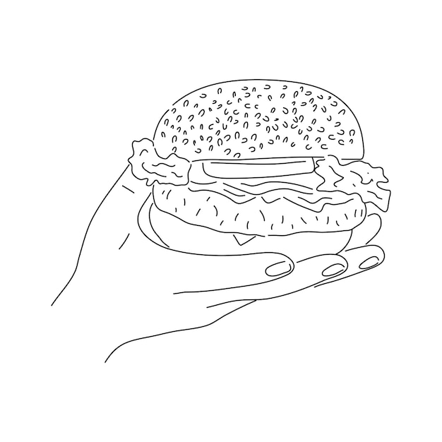 Plik wektorowy hamburger trzymaj w ręku zarys szkic ilustracji wektorowych
