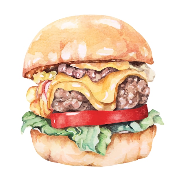 Hamburger Z Wołowiną Z Akwarelą Cheeseburgerdla Projektowania Menu Fast Food