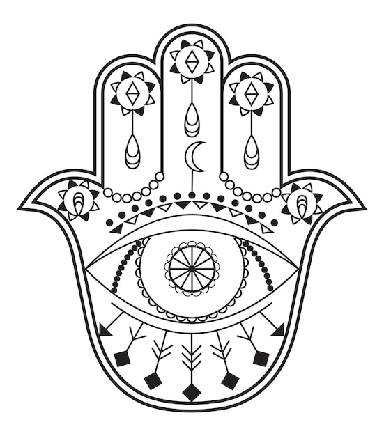 Hamsa Ręka Wektor Z Mistycznymi Ezoterycznymi Symbolami, Takimi Jak Piramida Złe Oko Indian Kolor Strona Tatuaż Henna Ilustracja Wicca Astrologiczna Sztuka Okultystyczna