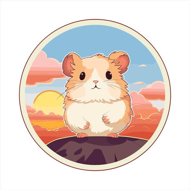 Plik wektorowy hamster kolorowa kreskówka kawaii postać plaża zachód słońca zwierzę nalepka dla zwierząt domowych ilustracja izolowana