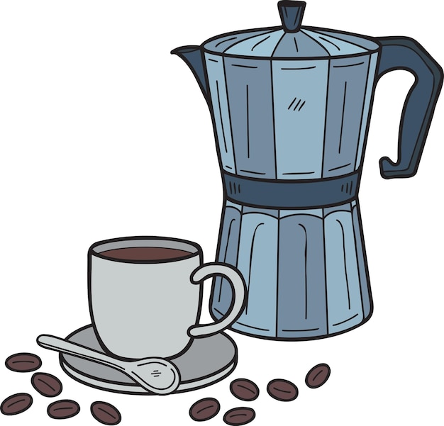 Plik wektorowy hand drawn coffeemaker moka pot i filiżankę gorącej kawy ilustracji w stylu bazgroły