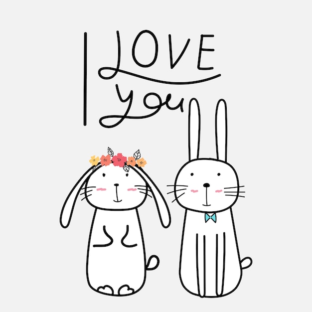 Hand Drawn Cute Bunnies With Say I Love You.