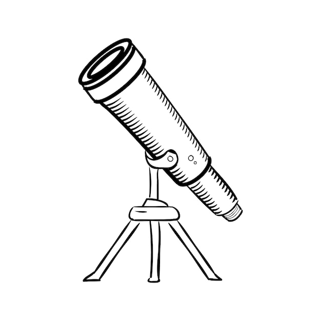 Handdrawn Ikona Doodle Teleskopu. Ręcznie Rysowane Czarny Szkic. Symbol Kreskówka Znak. Element Dekoracyjny. Białe Tło. Odosobniony. Płaska Konstrukcja. Ilustracja Wektorowa.